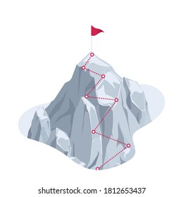 isometric vector image on white background, path indicated by red dotted line to the top of the mountain to the flag, reaching the goal