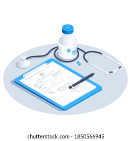 isometric vector image on white background, stethoscope and pill jar, doctor's prescription and pen