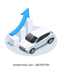 imagen vectorial isométrica en fondo blanco, un icono de gráfico ascendente con una flecha azul y un mercado de coches, coches