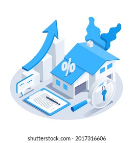 isometric vector image on a white background, a rising chart icon with a blue arrow and a house, real estate market, documentation and housing search