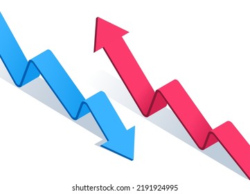 Isometric Vector Image On A White Background, Stepped Arrows Of Blue And Red Color Directed Oppositely Up And Down, Flow And Growth In The Economy