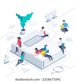 isometric vector image on a white background, people read books sitting on a big book and icons, reading in the library or learning