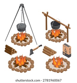 isometric vector image on white background, bonfire with pot on racks, firewood in piles and burning firewood, camping in the forest