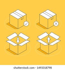 isometric vector image on a yellow background, a set of icons in the form of boxes closed and open, loading and unloading, package delivery
