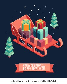 Isometric vector image of open sleigh with bunch of gifts. Merry Christmas and happy new year greeting card illustration.