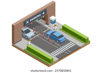 Isometric vector image of a parking entrance featuring downward arrows, barriers, and two cars navigating the entry exit system