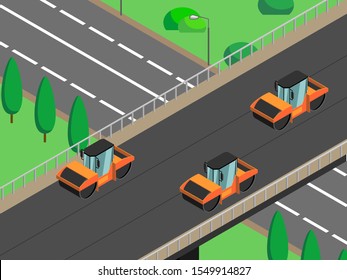 Isometric vector image of road repair, asphalt laying; road rollers are rolling asphalt, overpass, road junction. Isometric city bridge; landscape 3d route; The road passes under the bridge.