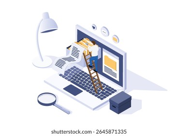 Imagen de Vector isométrico que muestra a un hombre usando una escalera para navegar por carpetas y archivos digitales en una Grande pantalla de una computadora portátil, simbolizando la búsqueda y administración de datos.