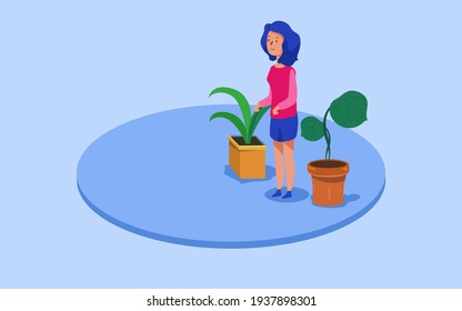 isometric vector image of woman standing in blue circle. with two plants on the side