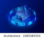 Isometric vector Internet hacker attack and personal data security concept. Computer security technology. E-mail spam viruses bank account hacking. Hacker working on a code. Internet crime concept.