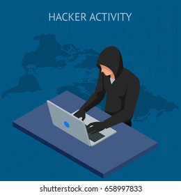 Isometric vector Internet hacker attack and personal data security concept. Computer security technology. E-mail spam viruses bank account hacking. Hacker working on a code. Internet crime concept.