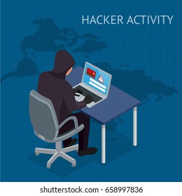 Isometric vector Internet hacker attack and personal data security concept. Computer security technology. E-mail spam viruses bank account hacking. Hacker working on a code. Internet crime concept.