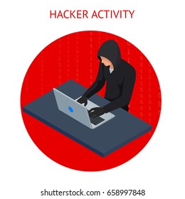 Isometric vector Internet hacker attack and personal data security concept. Computer security technology. E-mail spam viruses bank account hacking. Hacker working on a code. Internet crime concept.