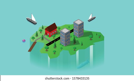 Isometric Vector Island Illustrated for Children or Kids with Buildings, House, Environment, and Ships