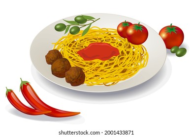 Isometric vector italian food. 3D rendering, pasta, spaghetti with green olives, chilli and tomatos isolated on white background.