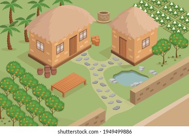 Isometric Vector Of Jeju Traditional Farm House. Thatched House