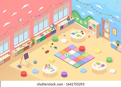 Isometric vector kindergarten room or playroom for preschool kids. Children education or learn room with toys, books, number, carpet, cubes, table, flags.Interior of cartoon class for pre school child