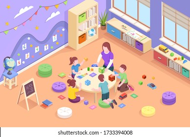 Isometric Vector Kindergarten Room Where Kids Play With Teacher. Woman Teaching Children Count And Read Using Numbers And Cubes With Letters. Classroom For Preschool Child. Study, Learn Theme