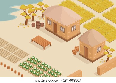 Isometric Vector Of  Korean Traditional Farm House. Korean Folk Village. Thatched House