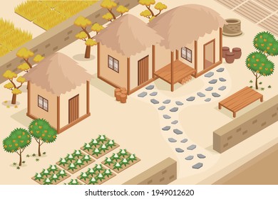 Isometric Vector Of  Korean Traditional Farm House. Korean Folk Village. Thatched House