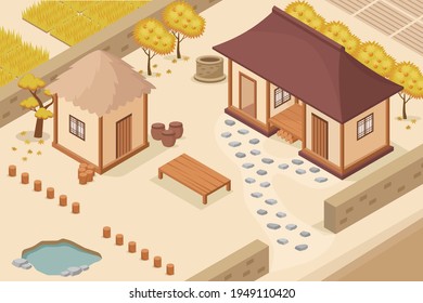 Isometric Vector Of  Korean Traditional Farm House. Korean Folk Village. Thatched House