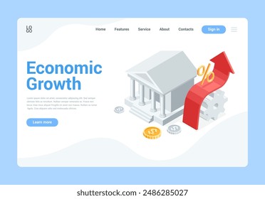 isometric vector landing, bank and up arrow with gears and coins, in color on a white background, banking system or economic growth