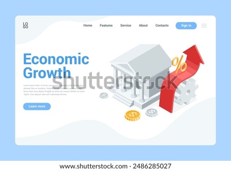 isometric vector landing, bank and up arrow with gears and coins, in color on a white background, banking system or economic growth
