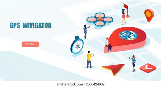 Isometric vector landing page GPS navigation or tracking system support concept