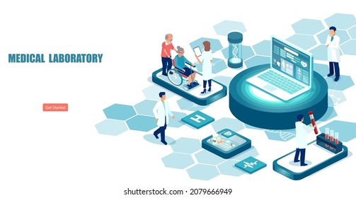 Isometric vector landing page of a laboratory or chemical lab for medical research with patients and doctors 