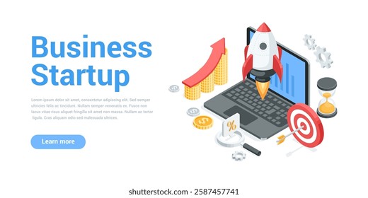 isometric vector landing page on the topic of business startup, in color on a white background, laptop with launch rocket and chart of coins with an arrow,  magnifying glass and a target with an arrow