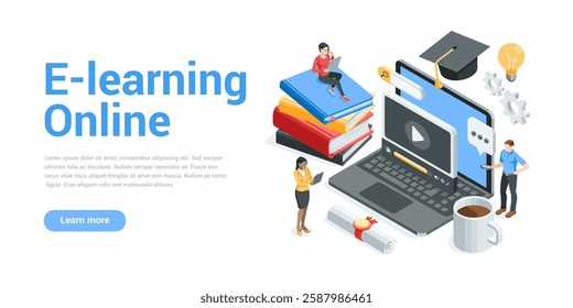 isometric vector landing page on the topic of online education and courses, in color on a white background, people with tablets and smartphones near a laptop and books
