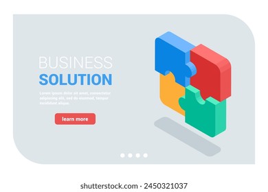 Vector isométrico landing page con un rompecabezas de cuatro piezas, en color sobre un fondo blanco, solución empresarial