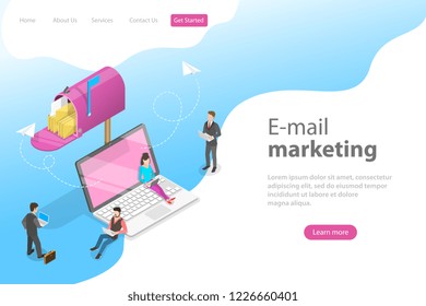 Isometric Vector Landing Page Template For E-mail Marketing, Product Promoting, Advertising Campaign, Digital Promotion.