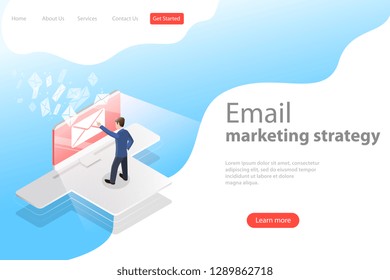Isometric vector landing page template for e-mail marketing, product promoting, advertising campaign, digital promotion.