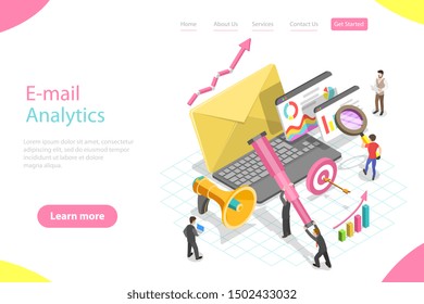 Isometric Vector Landing Page Template Of Email Analytics, Digital Marketing Analysis, Product Promoting, Advertising Campaign, Digital Promotion.