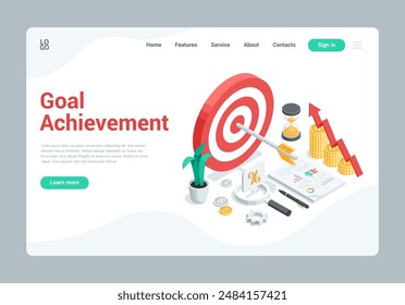 isometric vector landing, target with an arrow in the center and a chart of coins with an arrow as well as a magnifying glass and an hourglass, in color on a white background, business success