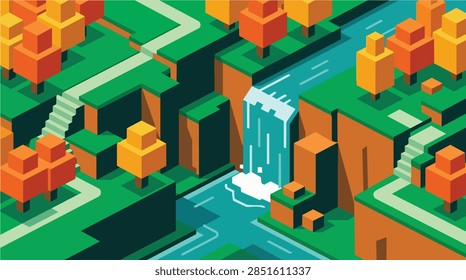 Isometric Vector Landscape Featuring a Serene Waterfall Cascading into a Winding River Surrounded by Autumnal Forest Trees and Stone Stairways