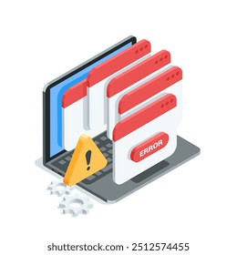 Laptop vetorial isométrico e janela popup de erro, em cores sobre fundo branco, erro crítico do sistema ou vírus