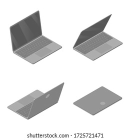 Isometrische Vektorgrafik für Laptops. Flachsatz von geöffnetem Laptop von verschiedenen Seiten.