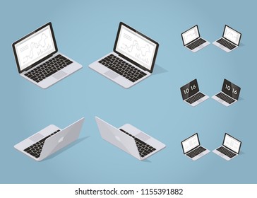 Isometric vector laptop illustration. Set of opened laptop from different sides with optional screens for business with graphs and charts, freelance job, learning and time screen saver.