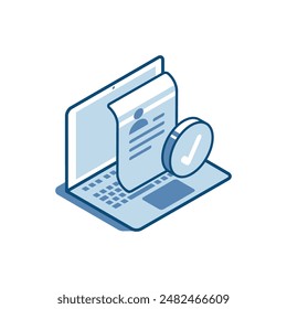 isometric vector laptop on the screen of which there is a job candidate application form linear icon, in color on a white background, employee search or approval