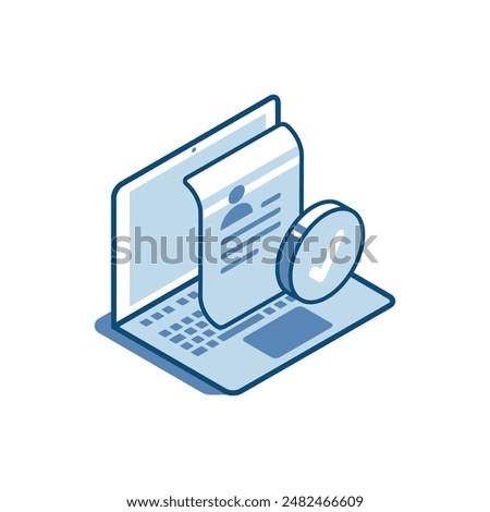 isometric vector laptop on the screen of which there is a job candidate application form linear icon, in color on a white background, employee search or approval