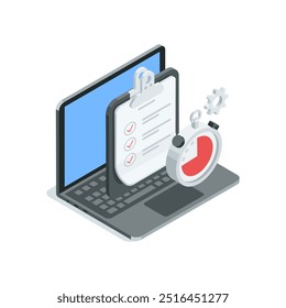 isometric vector laptop with tablet and stopwatch, in color on white background, passing time test