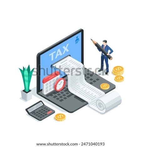 isometric vector laptop with tax bill and business man with pencil, in color on white background, paying bills or monthly declaration
