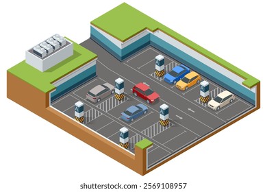 Isometric vector layout of an underground parking facility with multiple cars and marked parking zones. Features clear road markings and structural design