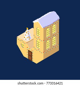 Isometric vector letter j yellow on blue winter chrismas house in shape of letter j
