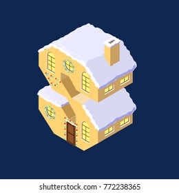 Isometric vector letter s yellow on blue winter chrismas house in shape of letter s
