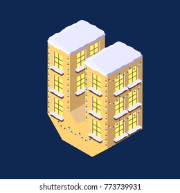 Isometric vector letter u yellow on blue winter chrismas house in shape of letter u