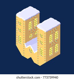 Isometric vector letter w yellow on blue winter chrismas house in shape of letter w