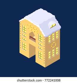 Isometric vector letter a yellow on blue winter chrismas house in shape of letter a
